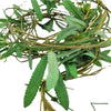 A rustic green and brown artificial leaf wreath made of woven vines and synthetic foliage for artificial lavender decor