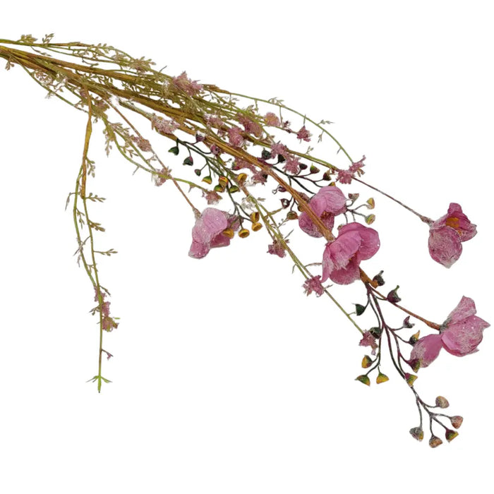 A delicate artificial dusky pink helleborus with slender green stems and small buds made of lightweight fabric