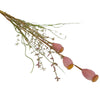 A delicate artificial wild flower arrangement with dusky pink dried poppy pods green stems and tiny purple blossoms