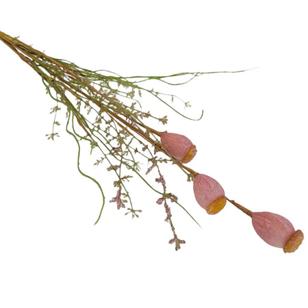 A delicate artificial wild flower arrangement with dusky pink dried poppy pods green stems and tiny purple blossoms