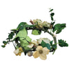A delicate circular floral crown with artificial green leaves and cream flowers for church pillar candles decor