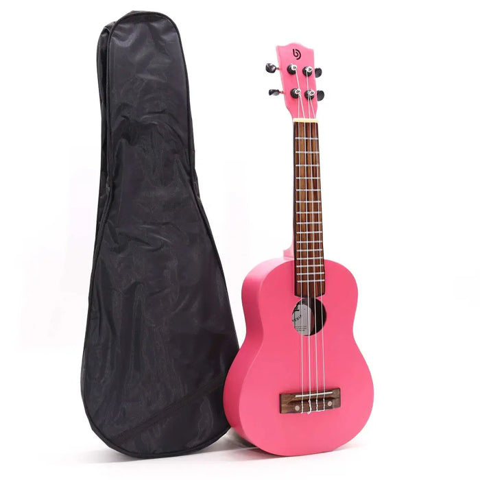 Artisan made 4 string ukulele with bright pink finish and glossy body featuring dark wood fretboard and black headstock logo