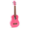 Artisan made 4-string ukulele with bright pink finish and glossy body featuring dark wood fretboard and bridge