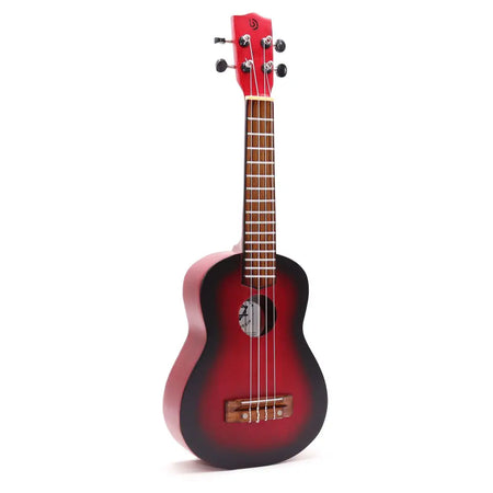 Artisan made 4-string ukulele with natural sunburst finish red and black body wooden fretboard and headstock