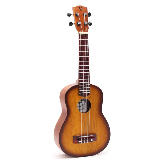 Artisan made 4-string ukulele with orange sunburst finish wooden body dark brown fretboard and black tuning pegs