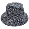 Navy blue and cream cotton bucket hat with bold geometric aztec print featuring diamond shapes and greek key motifs
