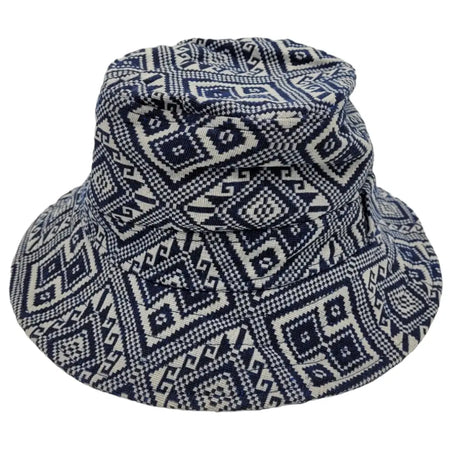 Navy blue and cream cotton bucket hat with bold geometric aztec print featuring diamond shapes and greek key motifs