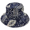 Aztec print cotton bucket hat in navy blue and cream with white geometric tribal pattern and stitched brim detail