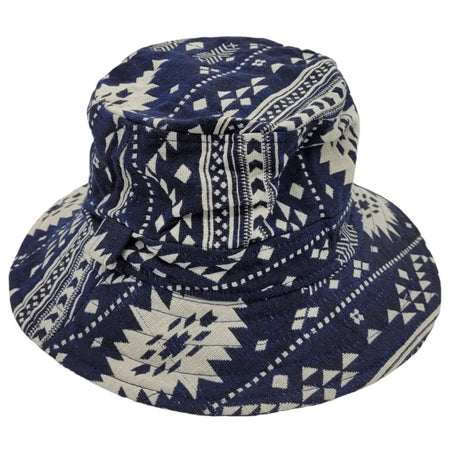 Aztec print cotton bucket hat in navy blue and cream with white geometric tribal pattern and stitched brim detail
