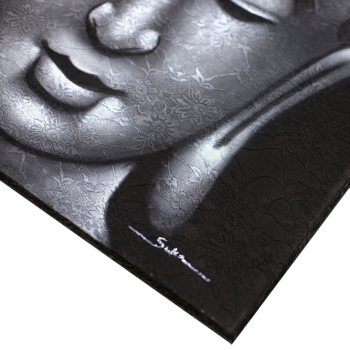 Painted Canvas - Grey Buddha Face, Brocade Detail