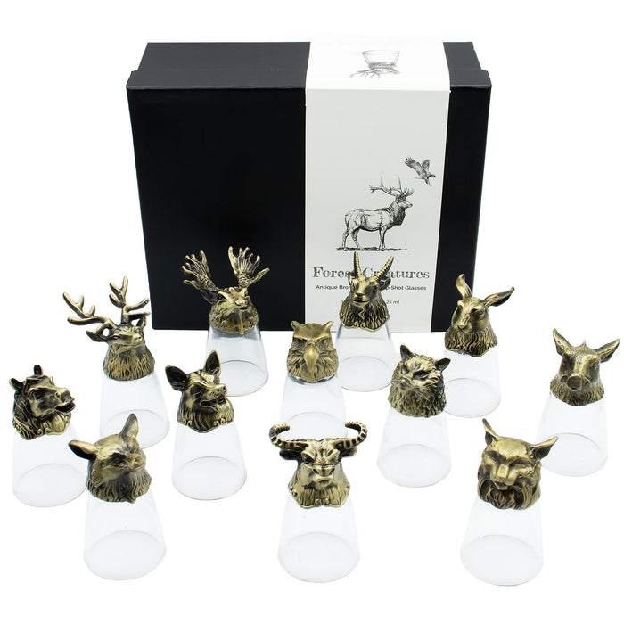 Coffret de 12 verres à shot (25ml) 'Bottoms Up' - Créatures de la Forêt & Mystiques, Bronze Antique
