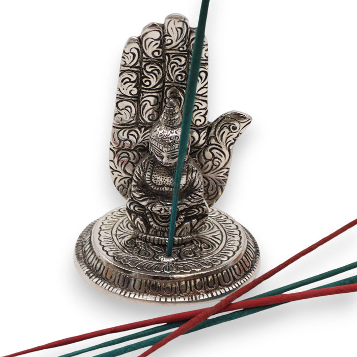 Räucherstäbchenhalter aus poliertem Aluminium – Hand & Buddha
