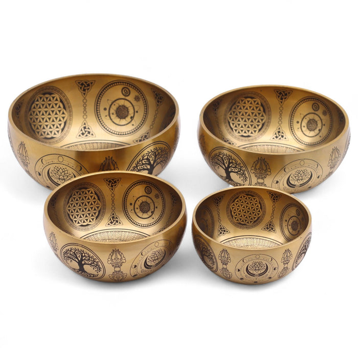 Set of 4 Etched Brass Singing Bowls - Buddha