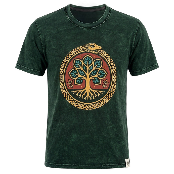 Stone-washed Baumwoll-T-Shirt - Lebensbaum, Grün (XL)