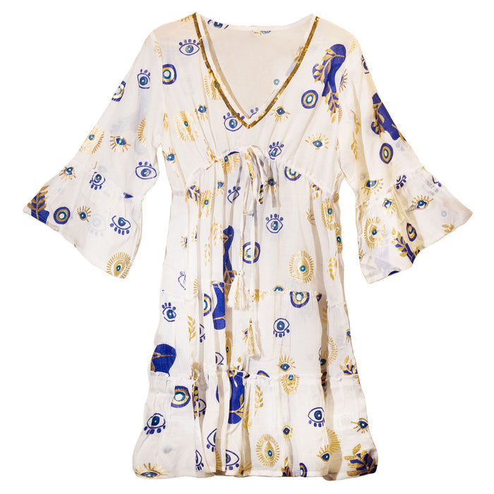 Baumwolldruckkleid (L/XL) – Böser Blick, Weiß mit Blau & Gold