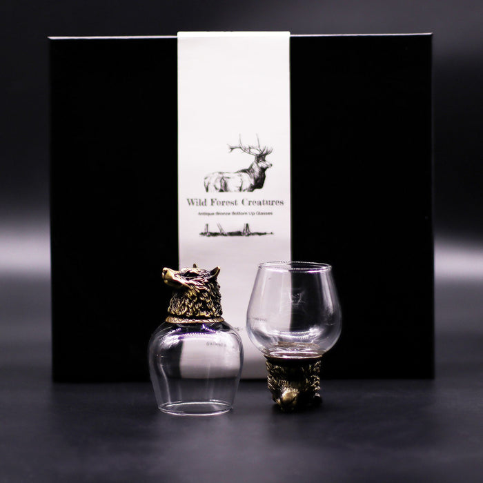 Gift Set of 6x 'Bottoms Up' Glasses (100ml) - Wild Forest Creatures, Antique Bronze