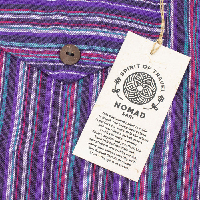 Striped Cotton Grandad Shirt - Black Purple (Large)