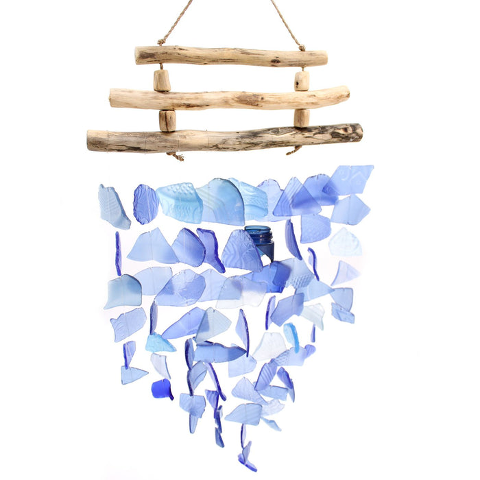 Glas- und Treibholz-Windspiel – 3 Stäbe, Blau