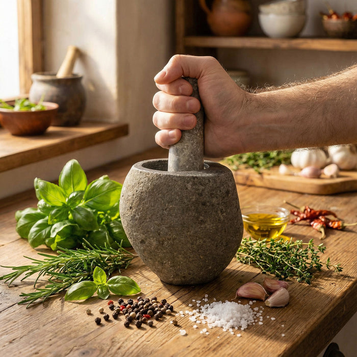 Dekorativer Mörser mit Stößel aus Naturflussstein – Mittel