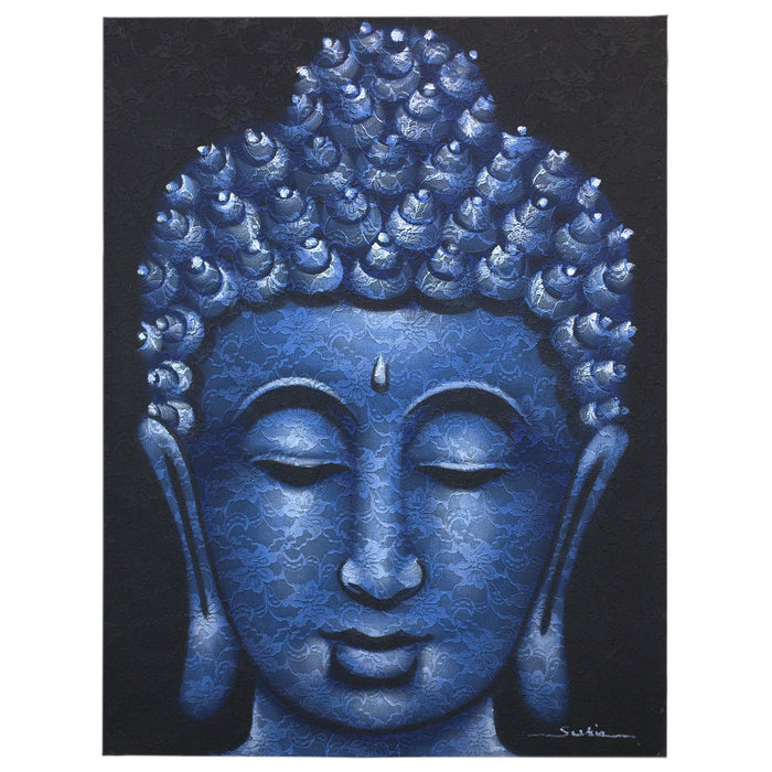 Bemalte Leinwand - Blauer Buddha-Kopf, Brokat-Detail