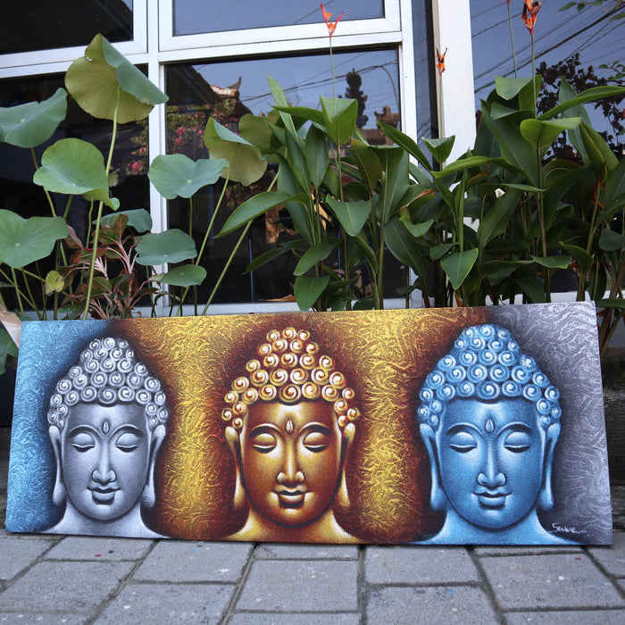 Painted Canvas - Three Buddha Heads, Gold Detail