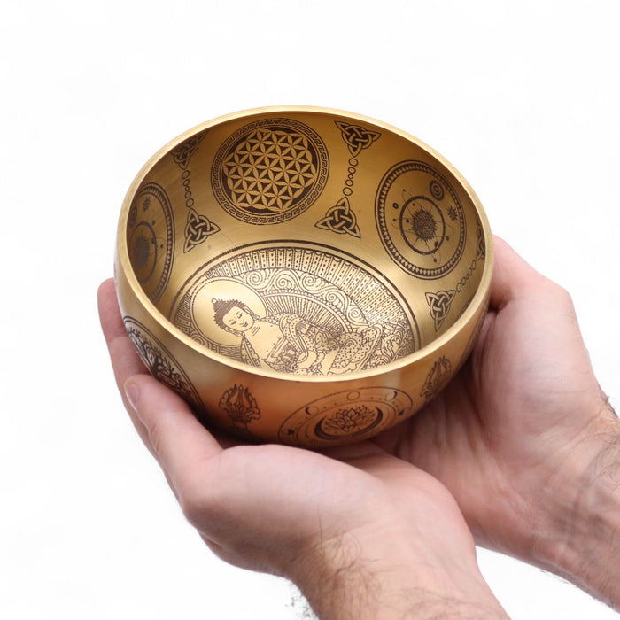 Set of 4 Etched Brass Singing Bowls - Buddha