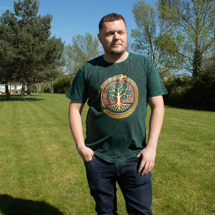 Stone-washed Baumwoll-T-Shirt - Lebensbaum, Grün (XL)