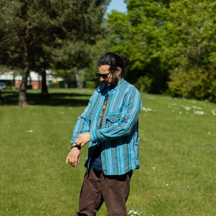 Striped Cotton Grandad Shirt - Turquoise (XL)
