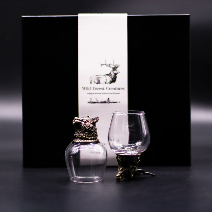 Gift Set of 6x 'Bottoms Up' Glasses (100ml) - Wild Forest Creatures, Antique Bronze