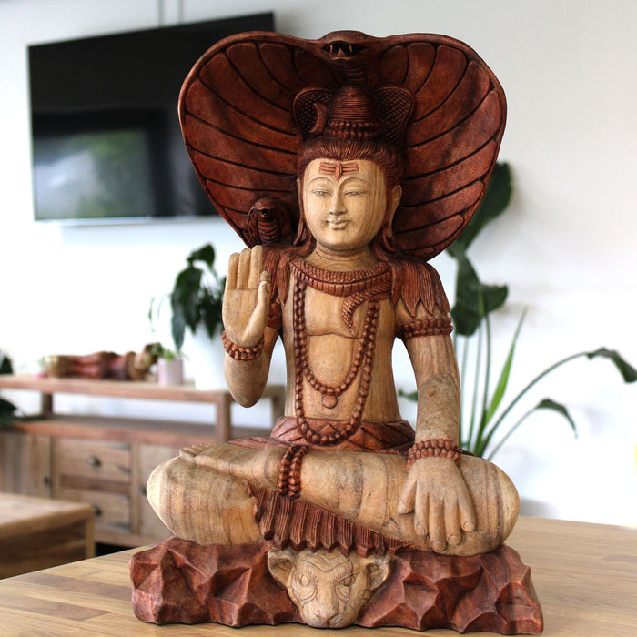 Geschnitzte Shiva-Holzfigur mit Kobra – 50cm