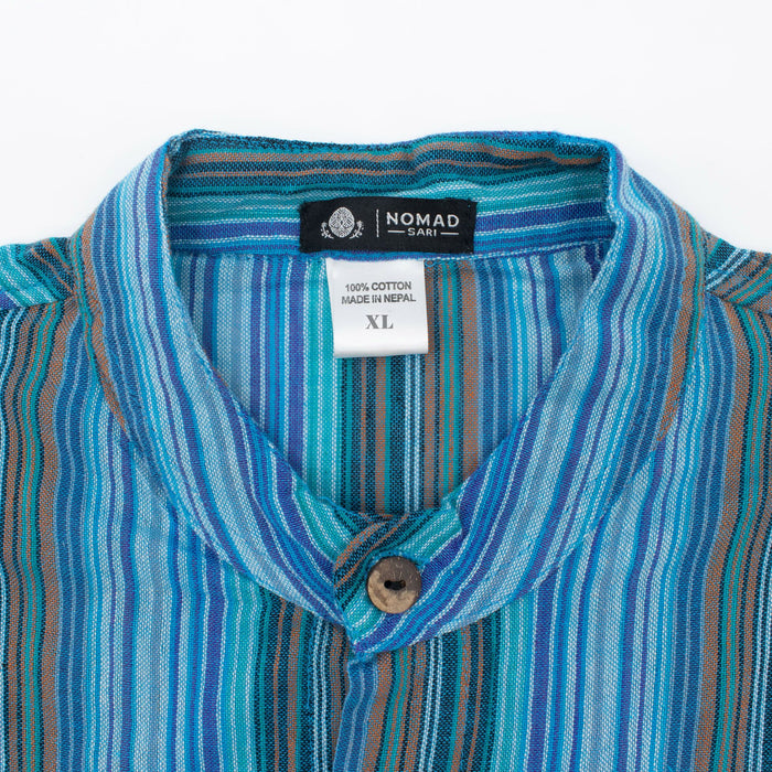 Striped Cotton Grandad Shirt - Turquoise (XL)