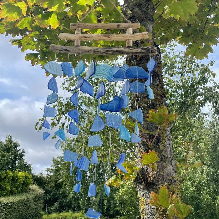 Glas- und Treibholz-Windspiel – 3 Stäbe, Blau