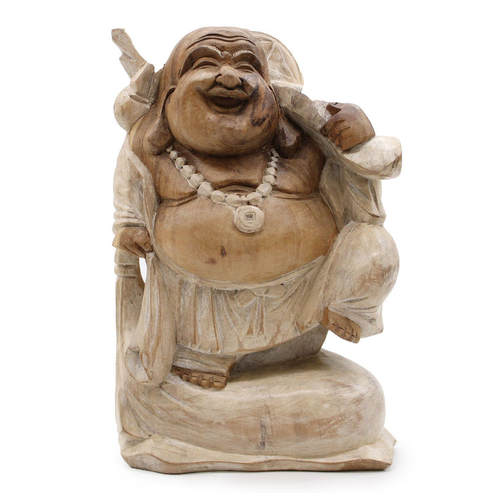 Geschnitzter Holz-Glücks-Buddha, Holz bringend – Kalkweiß 30cm