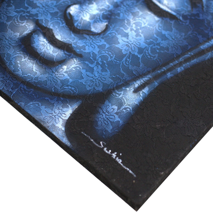 Bemalte Leinwand - Blauer Buddha-Kopf, Brokat-Detail