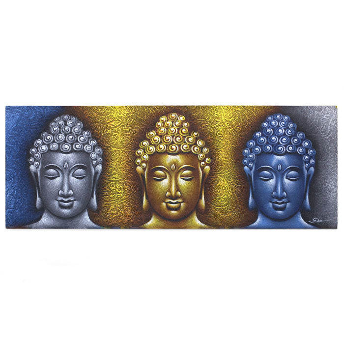 Painted Canvas - Three Buddha Heads, Gold Detail