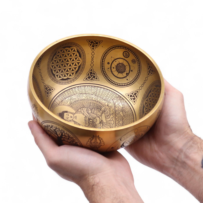 Set of 4 Etched Brass Singing Bowls - Buddha