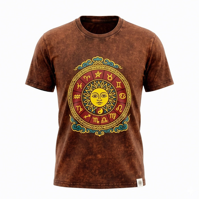 Stonewashed Cotton T-Shirt - Sun & Zodiac, Brown (Medium)