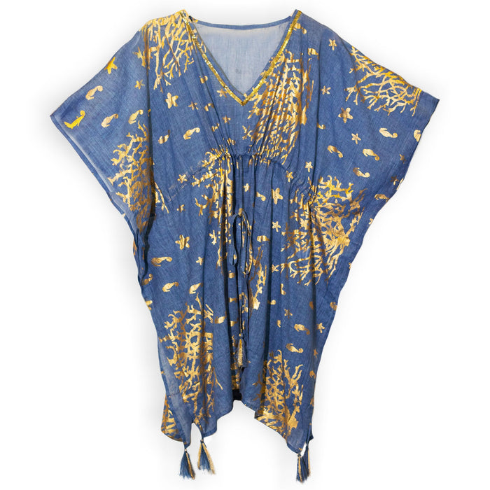 Baumwollkaftan – Koralle, Blau & Gold