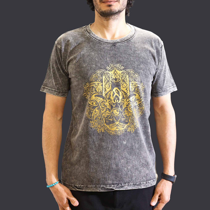 Stonewashed Baumwoll-T-Shirt – Hamsa, Dunkelgrau (Medium)