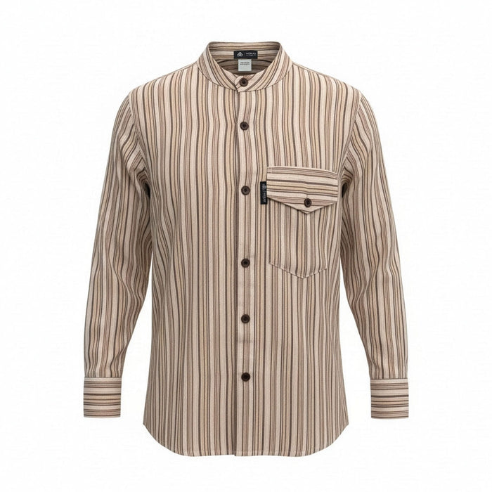 Striped Cotton Grandad Shirt - Brown Beige (Medium)