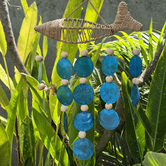 Capiz Shell Wind Chime with Raffia Fish - 5 Strings, Blue