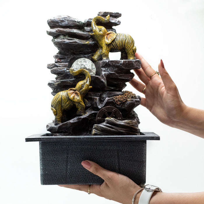 Tabletop Water Feature - Elephants, Crystal Ball & Water Wheel