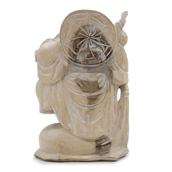 Geschnitzter Holz-Glücks-Buddha, Holz bringend – Kalkweiß 30cm