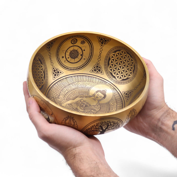 Set of 4 Etched Brass Singing Bowls - Buddha