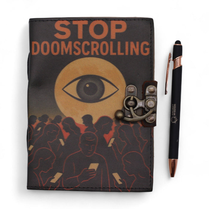 Notizbuch aus bedrucktem Leder – Schluss mit dem Doom Scrolling (18 x 13 cm)