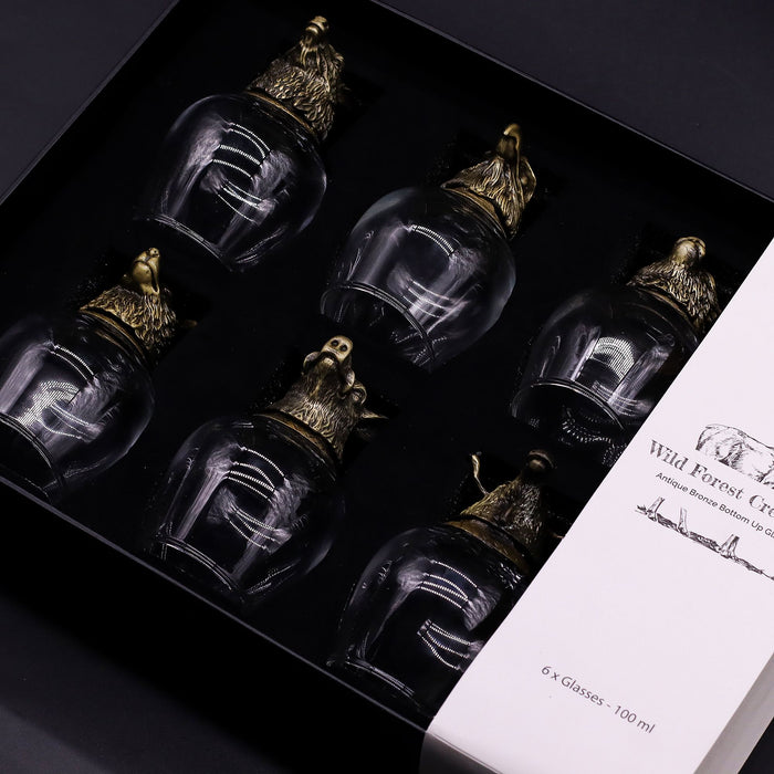 Gift Set of 6x 'Bottoms Up' Glasses (100ml) - Wild Forest Creatures, Antique Bronze