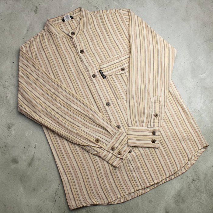 Striped Cotton Grandad Shirt - Brown Beige (Medium)