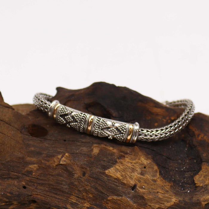 Sterling Silver & 18ct Gold Bracelet - Single Chain, Diamond Pattern
