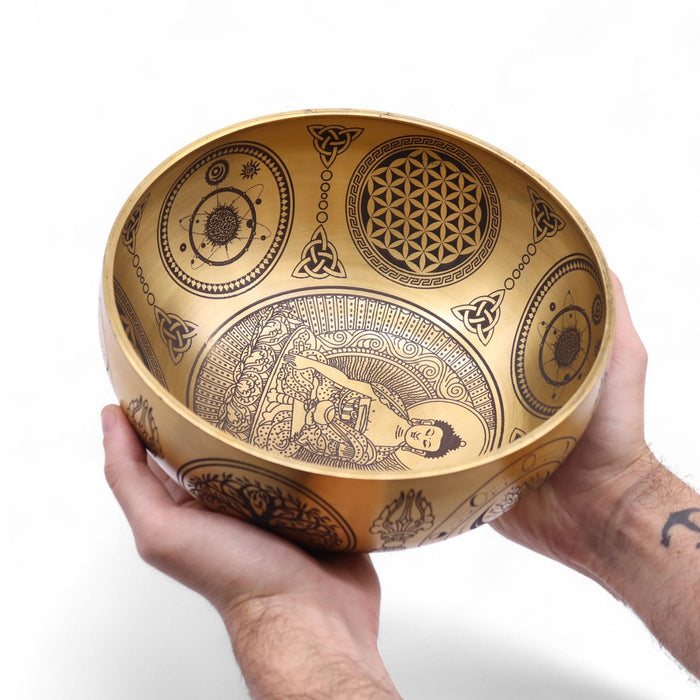 Set of 4 Etched Brass Singing Bowls - Buddha