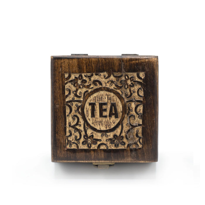 Carved Mango Wood Tea Box - 4 Compartments